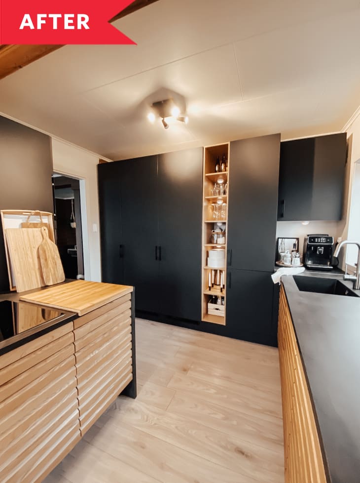 After: Modern kitchen with black and wooden accents