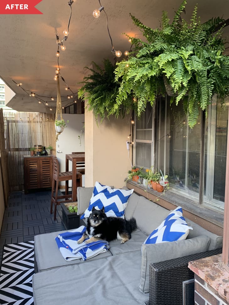 After: Patio with wood-look floor, sectional seating, and lots of plants