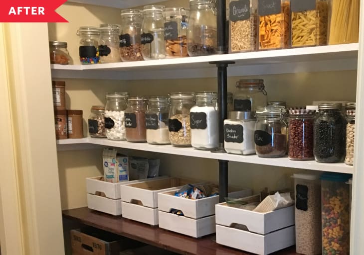 After: Organized pantry with white shelving and labeled jars