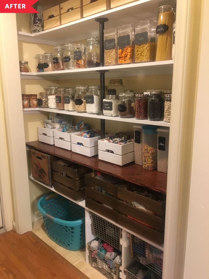 After: Organized pantry with white shelving and labeled jars