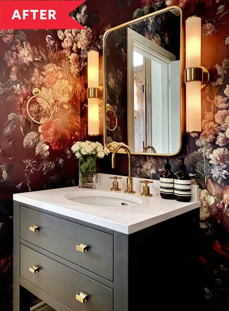 After: Dramatic bathroom with burgundy floral wallpaper