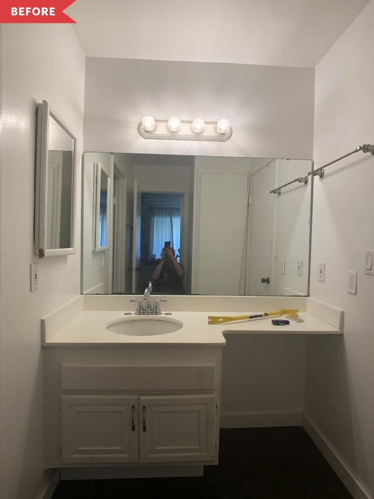 Before: Bathroom with white walls and white vanity