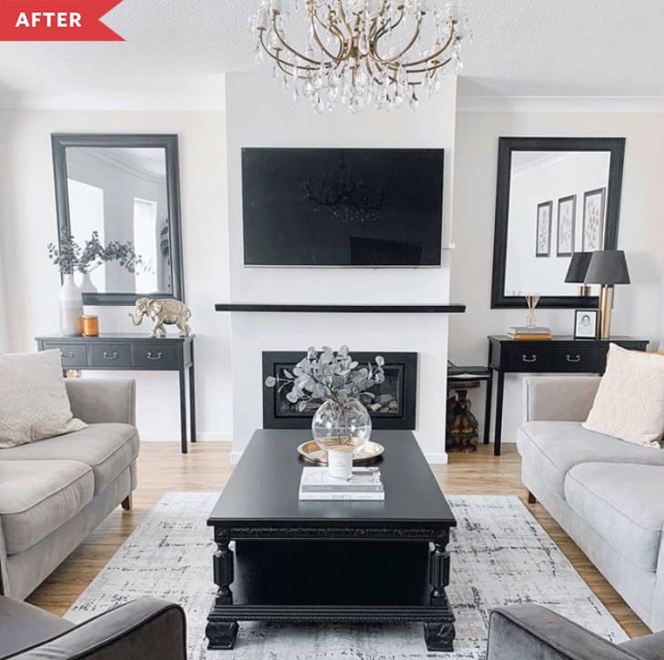 After: Living room with white walls, light gray seating, and wood floors