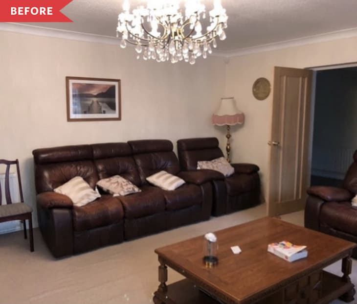 Before: Dark living room with beige carpet and brown couch