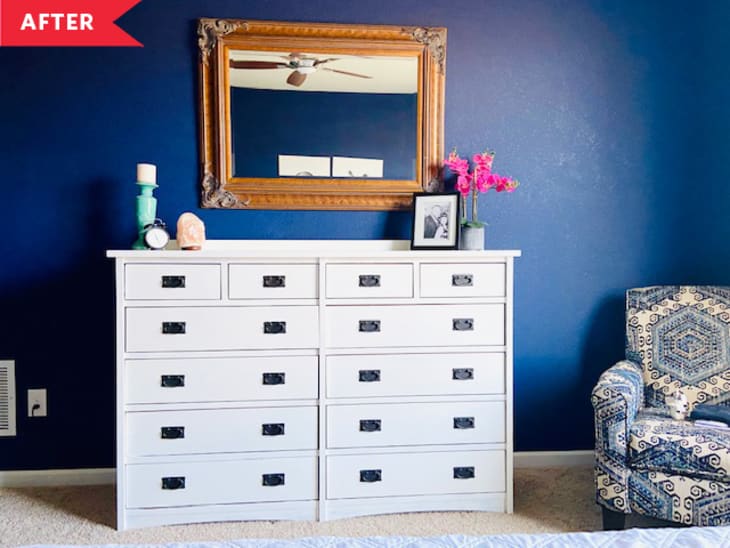 After: White dresser with gold-framed mirror above