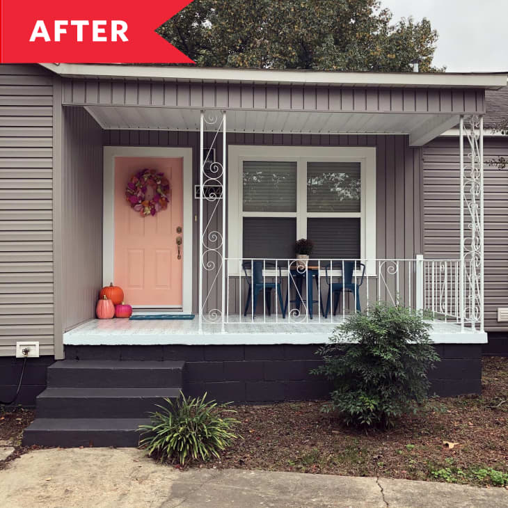 After: Gray house with pink front door