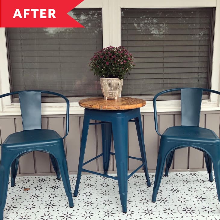 After: Porch furniture painted teal on new stenciled flooring