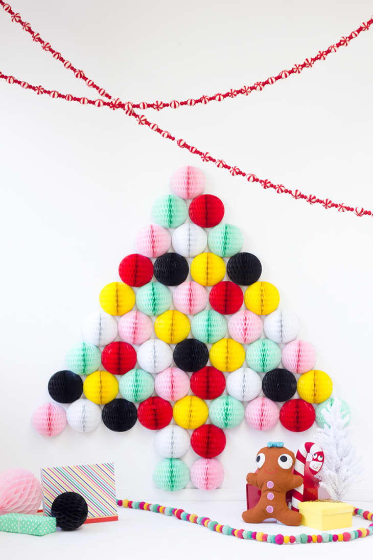 Wall Christmas tree display made with paper honeycomb decorations