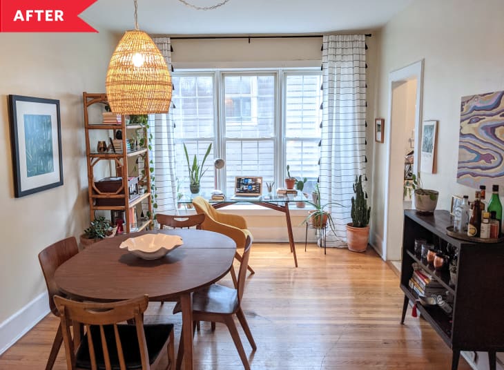 After: Bright, mid-century modern dining room with workspace in front of window