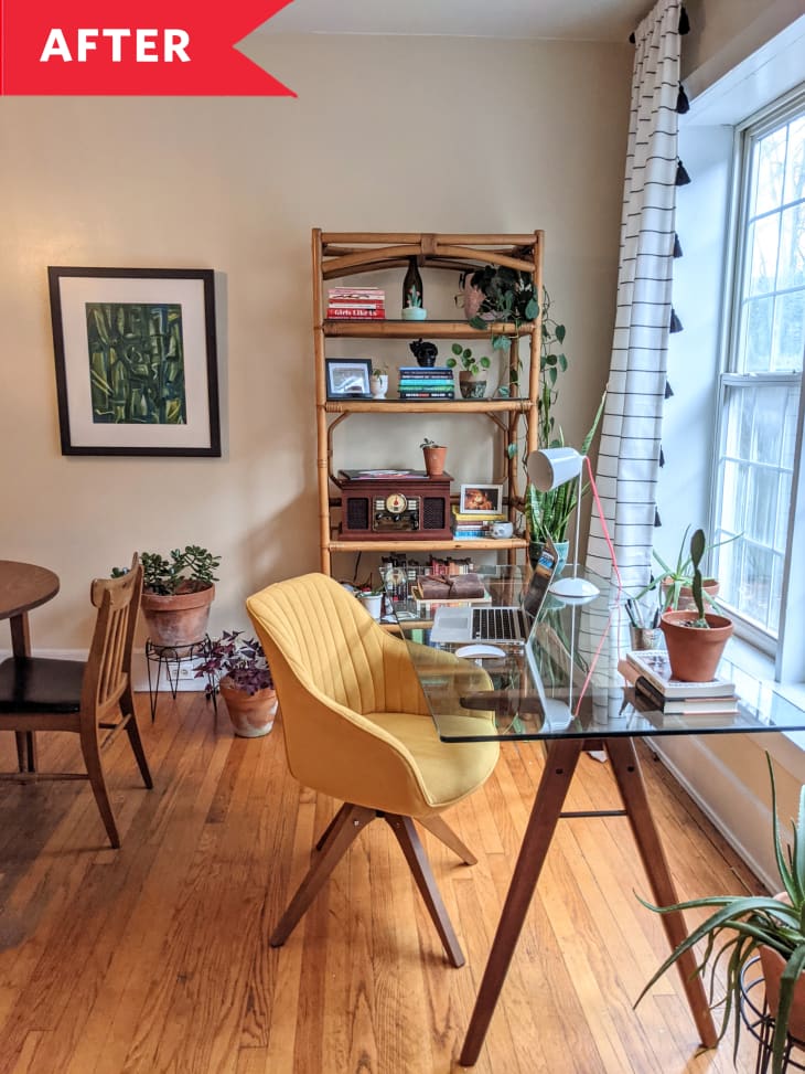 After: Mid-century modern desk with gold chair in front of window
