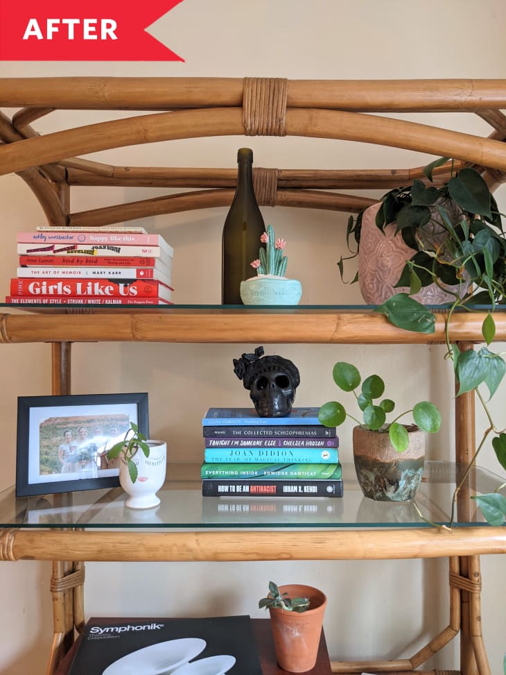 After: Bamboo shelving with books and plants