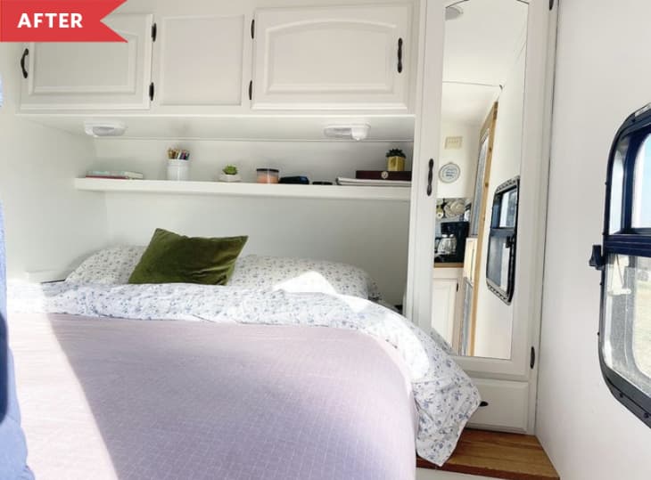 After: Bright, modern sleeping area in camper