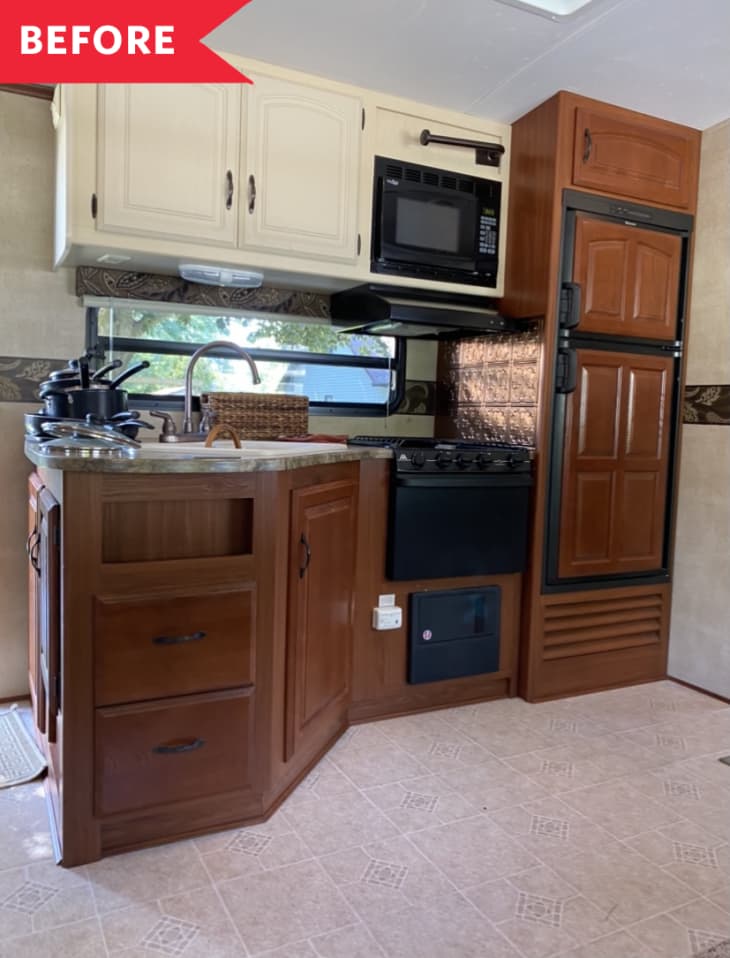 Before: Outdated kitchen in camper