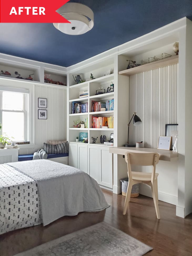 After: Bedroom with white shelving and desk installed
