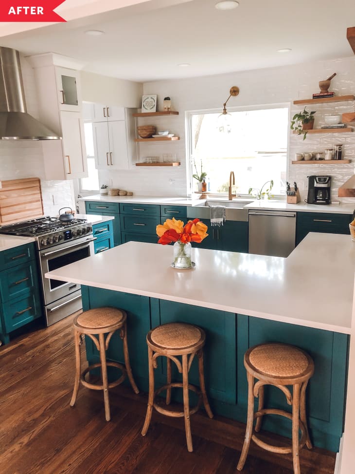 After: Open kitchen with blue cabinets and white counters, plus open shelving