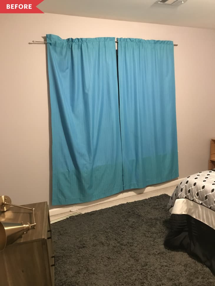 Before: beige bedroom with gray carpet and blue curtains