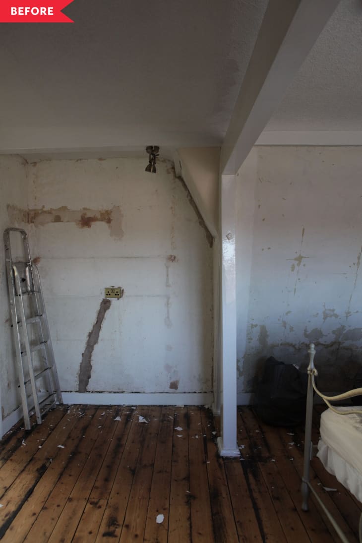 before: run-down white bedroom with iron bedframe