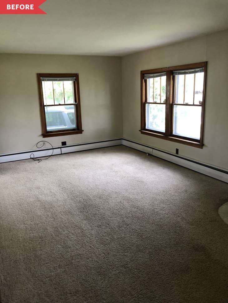Before: dark living room with beige carpets and beige walls