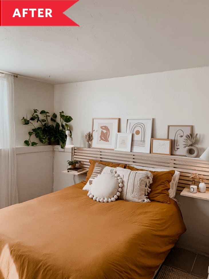 After: Bedroom with terracotta-colored bedding and wooden headboard/shelf