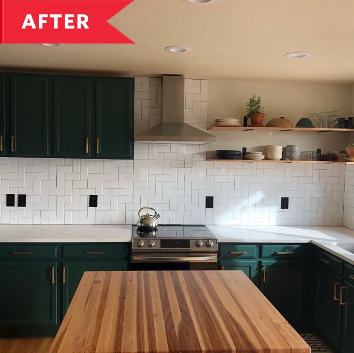 After: Kitchen with green cabinets, white tile backsplash, and stainless steel appliances