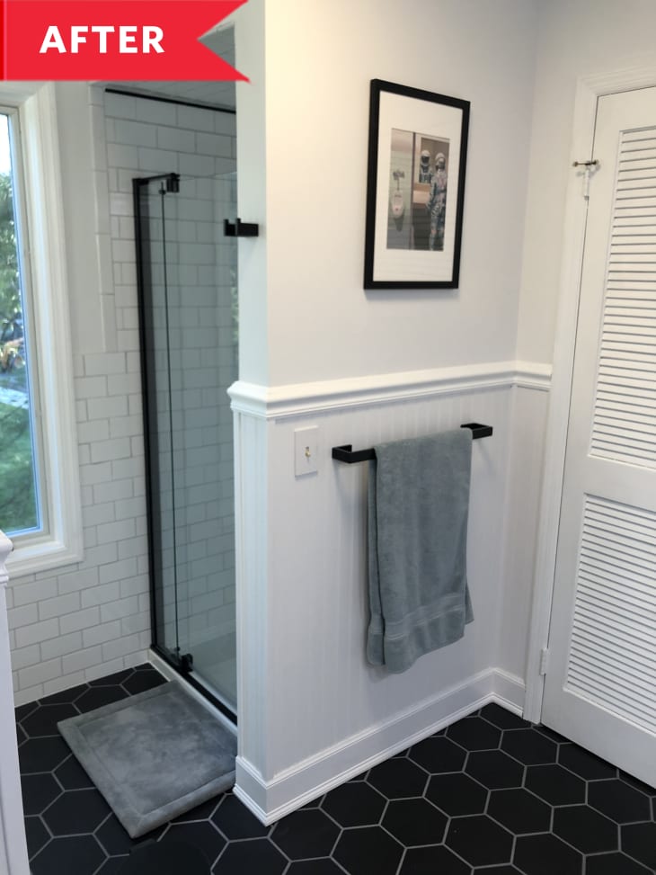 After: Towel rod and standing shower in corner