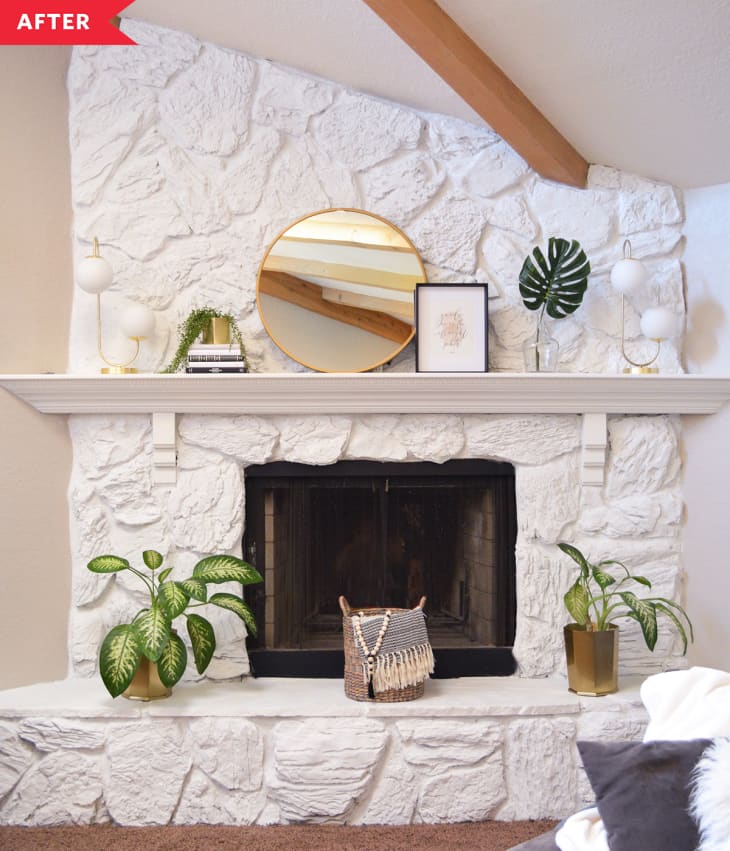After: white stone fireplace with white mantel