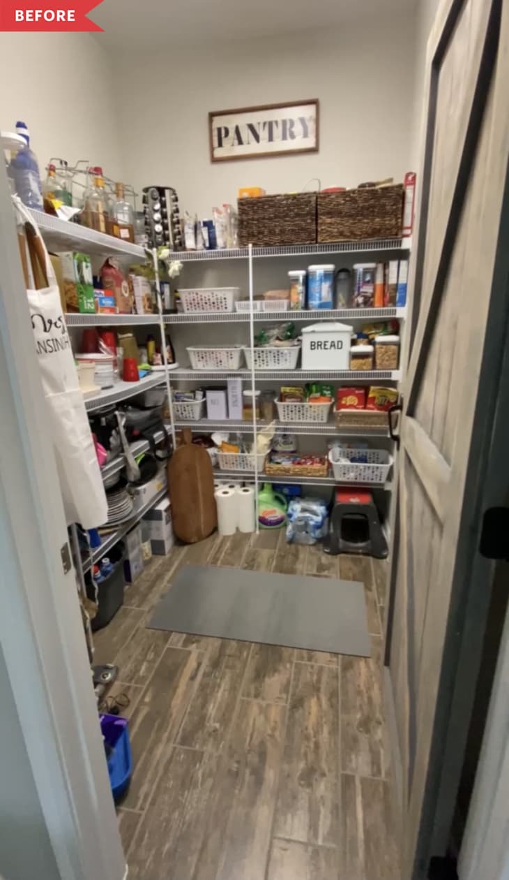 Before: crowded pantry with wire shelving