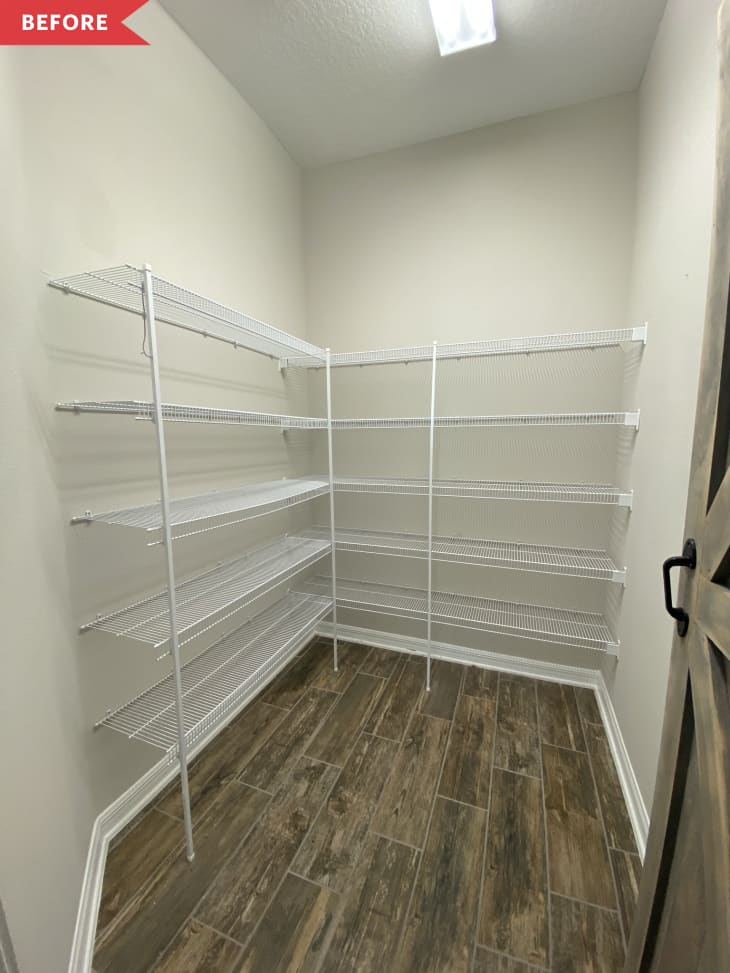 Before: empty pantry with wire shelving