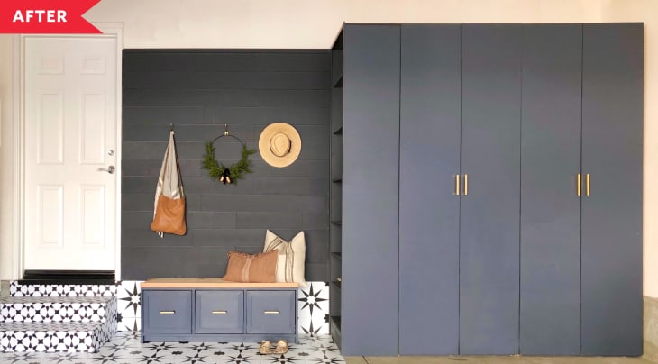 After: Garage entry with tiled floor, bench, hooks on the wall, and shelves for shoes