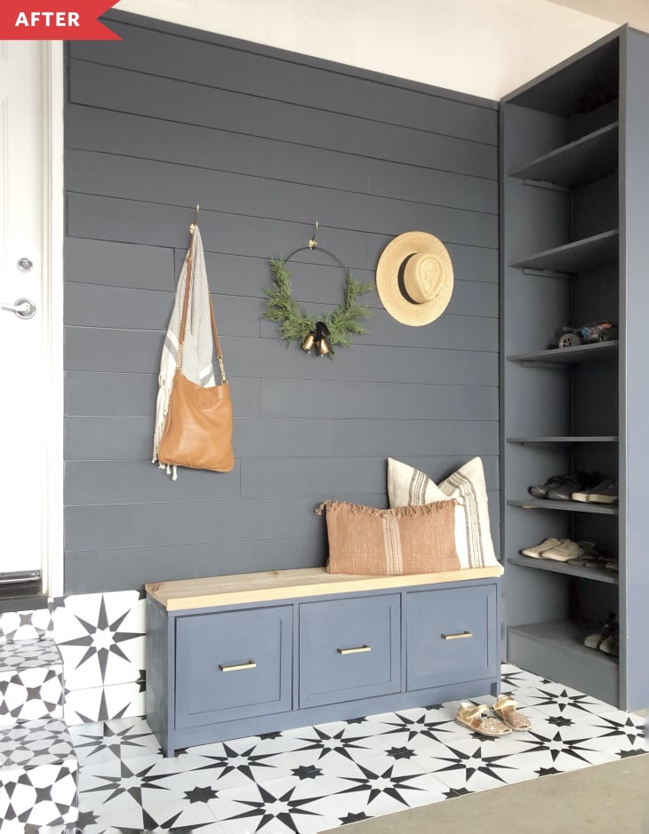 After: entryway with bench and shelves for shoes