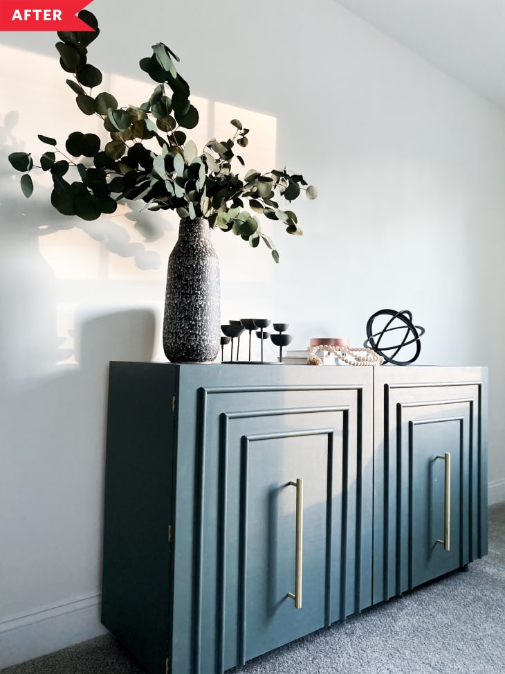 After: Green credenza with textured doors and gold hardware