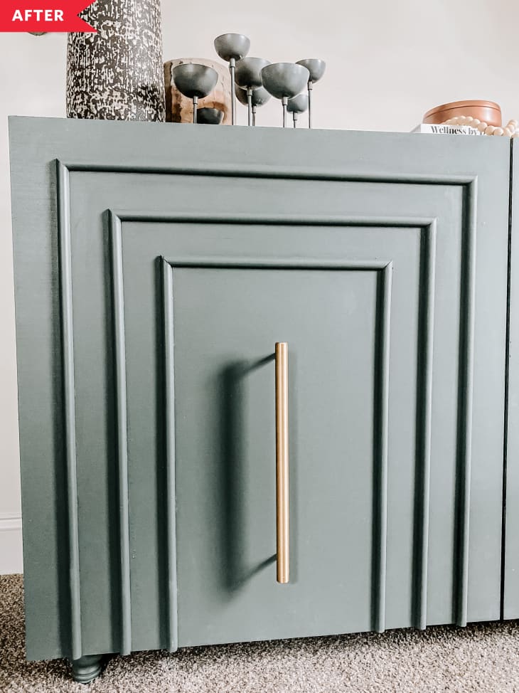 After: Green credenza with textured doors and gold hardware