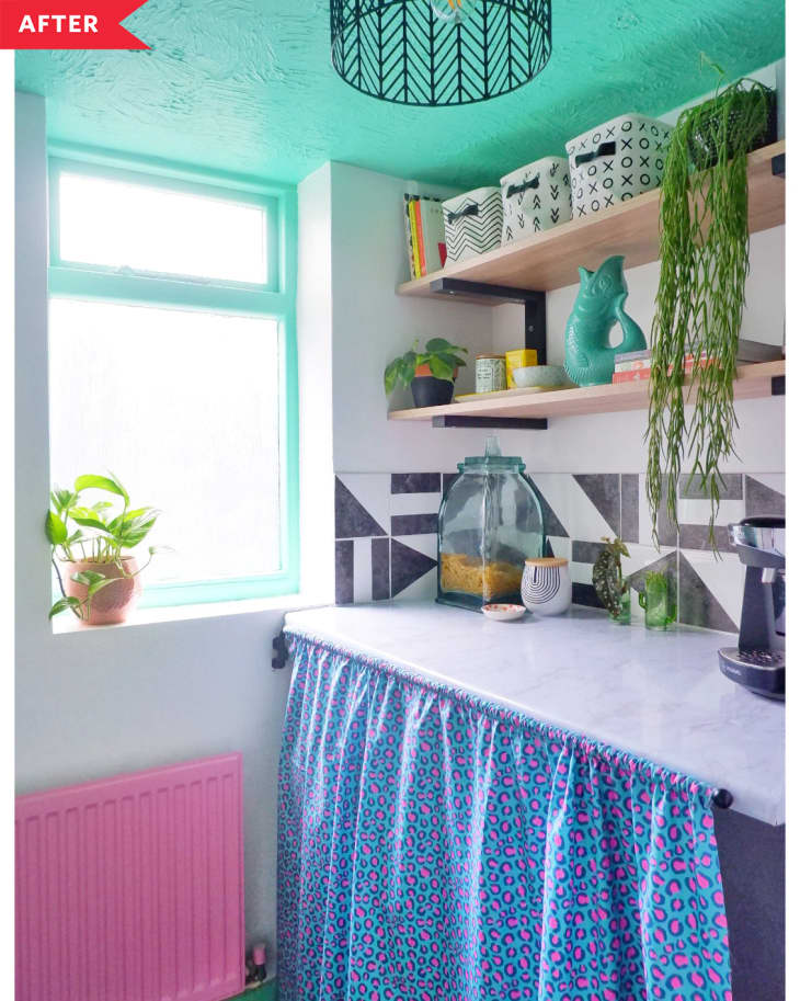 After: Laundry area with pink radiator and teal ceiling, plus graphic backsplash
