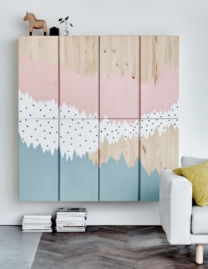 Pastel mural painted across four IKEA IVAR cabinets
