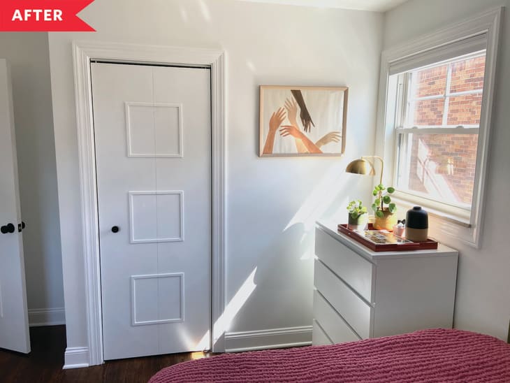 After: White bedroom with closet door that has picture frame molding