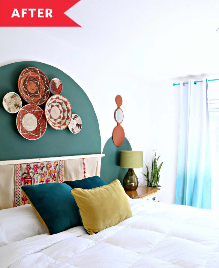 After: Boho bedroom with painted green arches and woven baskets on wall