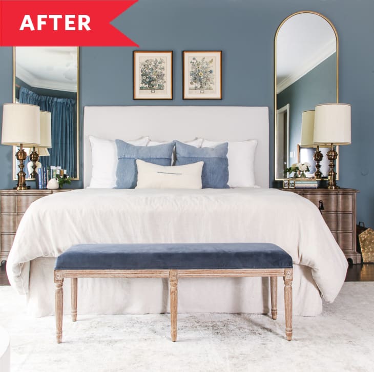 After: Polished, serene bedroom with blue walls
