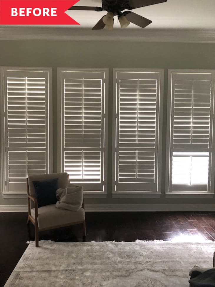 Before: Shutters over windows in bedroom with light green walls