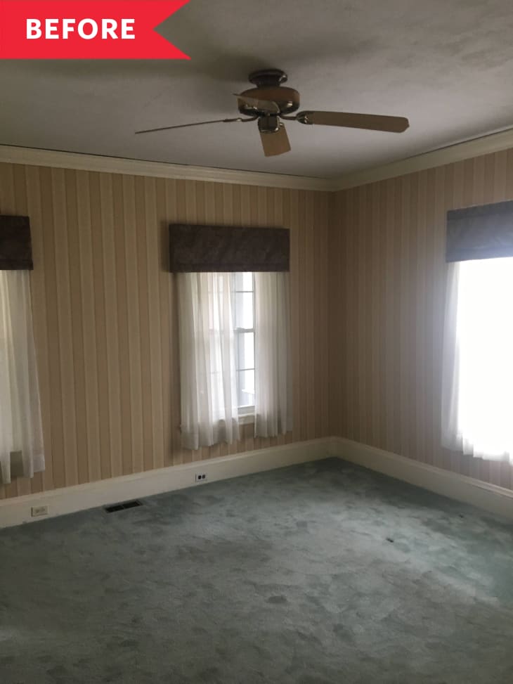 Before: Living room with outdated curtains, striped wallpaper, and gray carpet