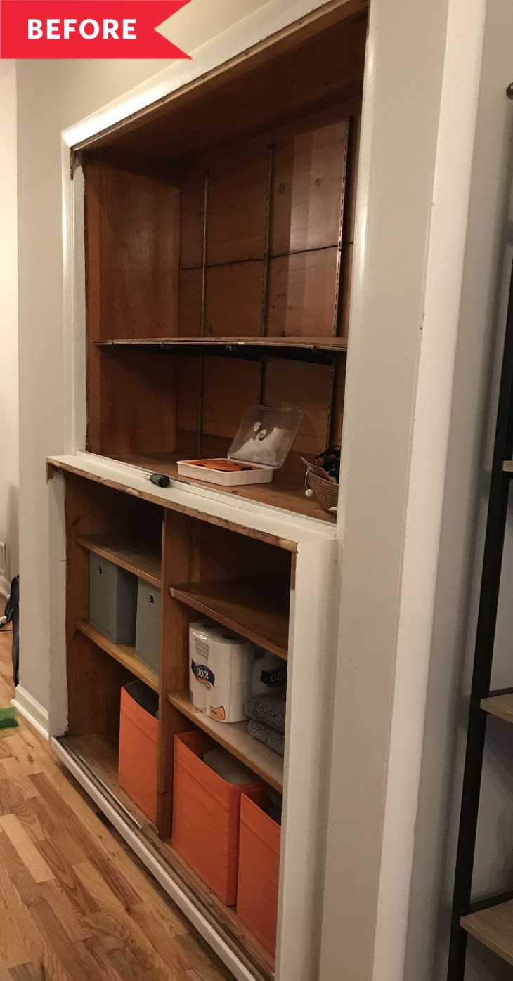 Before: Shelf with plexiglass sliding doors removed