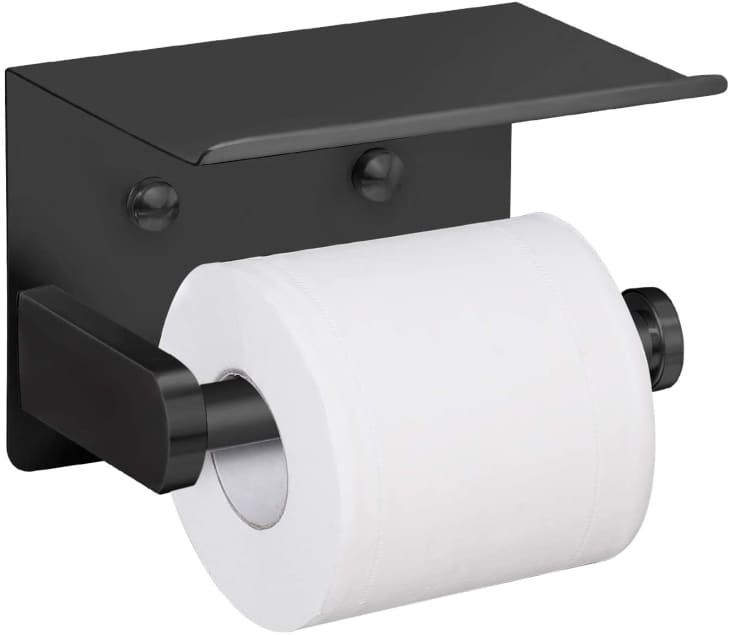 Vaehold brand black toilet paper holder with a small phone shelf