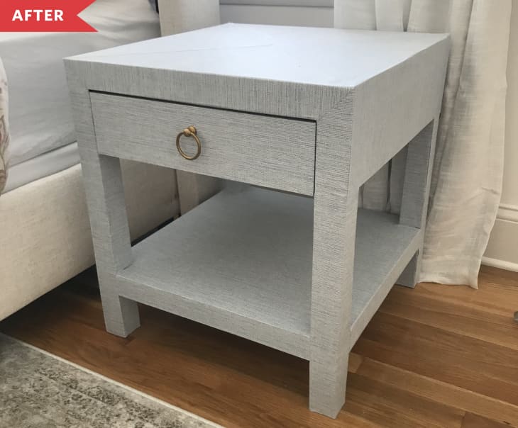 After: IKEA LACK table turned nightstand with linen-look cover and drawer