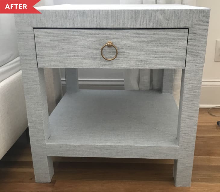 After: IKEA LACK table turned nightstand with linen-look cover and drawer