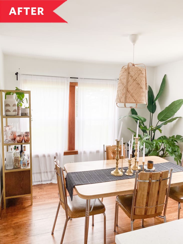 After: Bright, boho dining room with white walls
