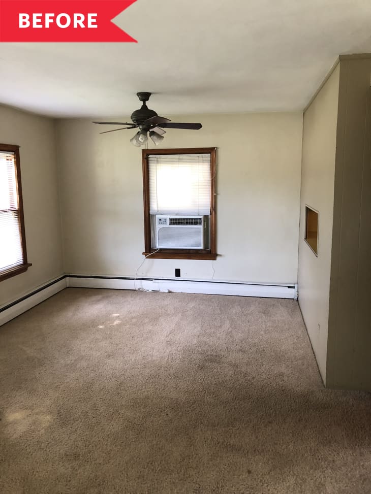 Before: Dining room with beige walls, dated ceiling fan, and tan carpeting