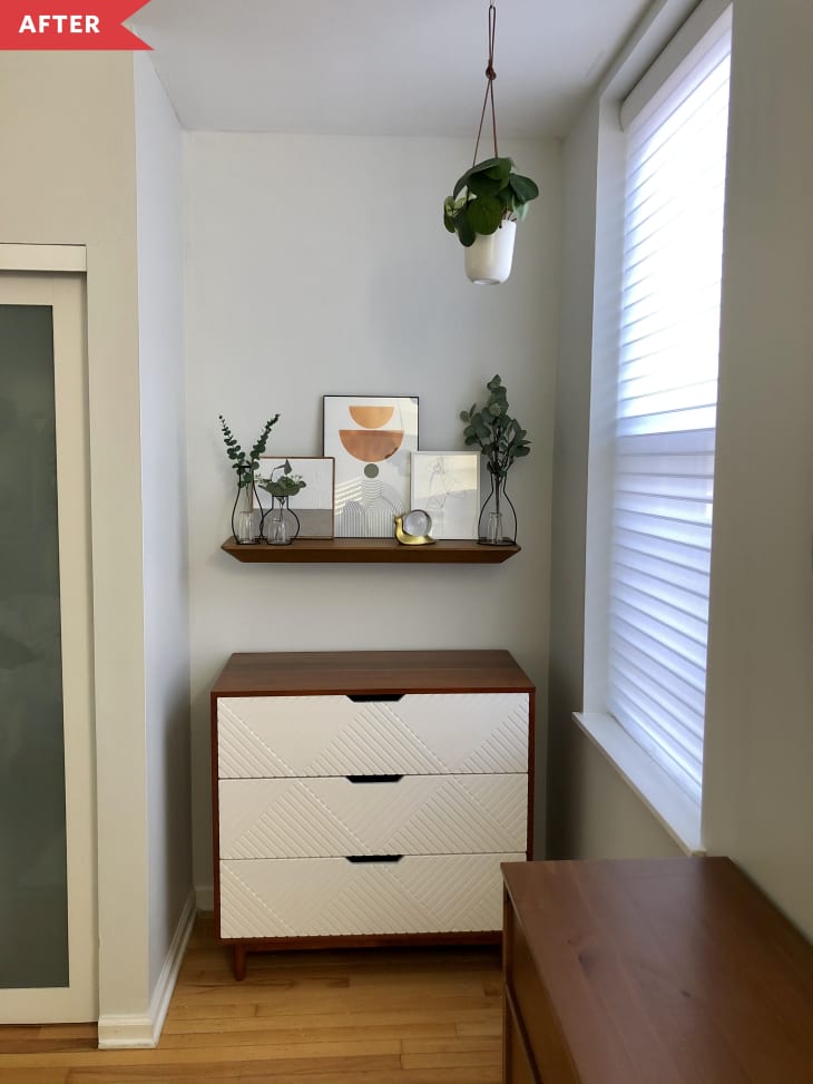 After: White bedroom with wood furniture and mid-century inspired decor