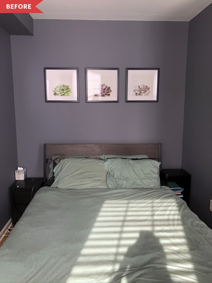 Before: Bedroom with dark gray-purple walls and black nightstands