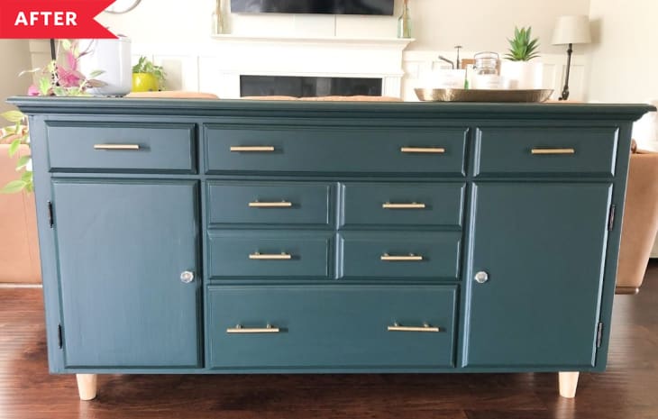 After: Mid-century inspired buffet piece painted blue with gold hardware