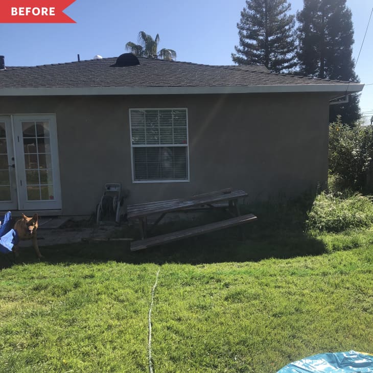 Before: exterior of house with grassy backyard and tiny patio