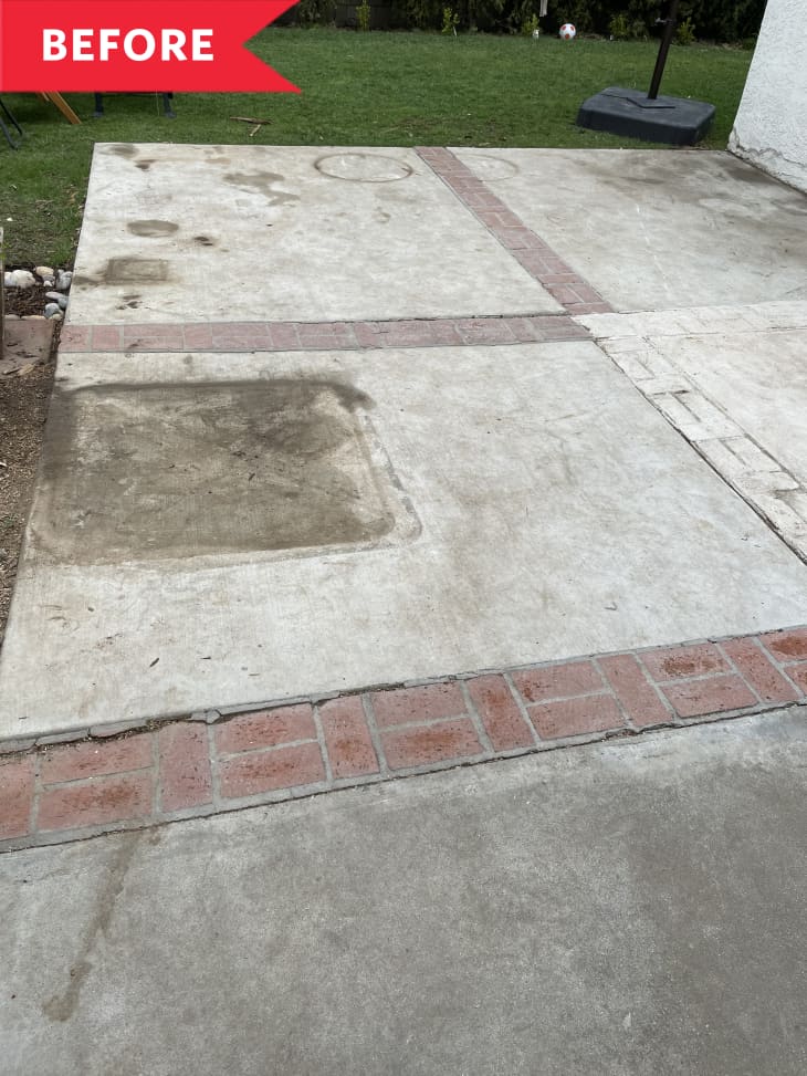 Before: Dirty and patchy patio in back yard